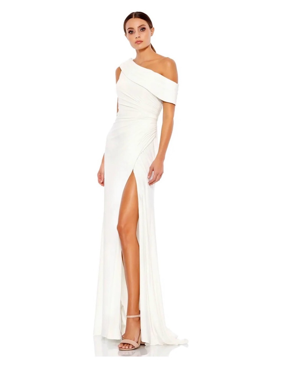 Mac Duggal - Elegant One-Shoulder White Evening Gown with High Slit